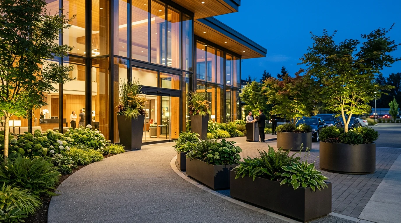 Manufacturer-direct aluminum planters shown across hospitality and retail settings