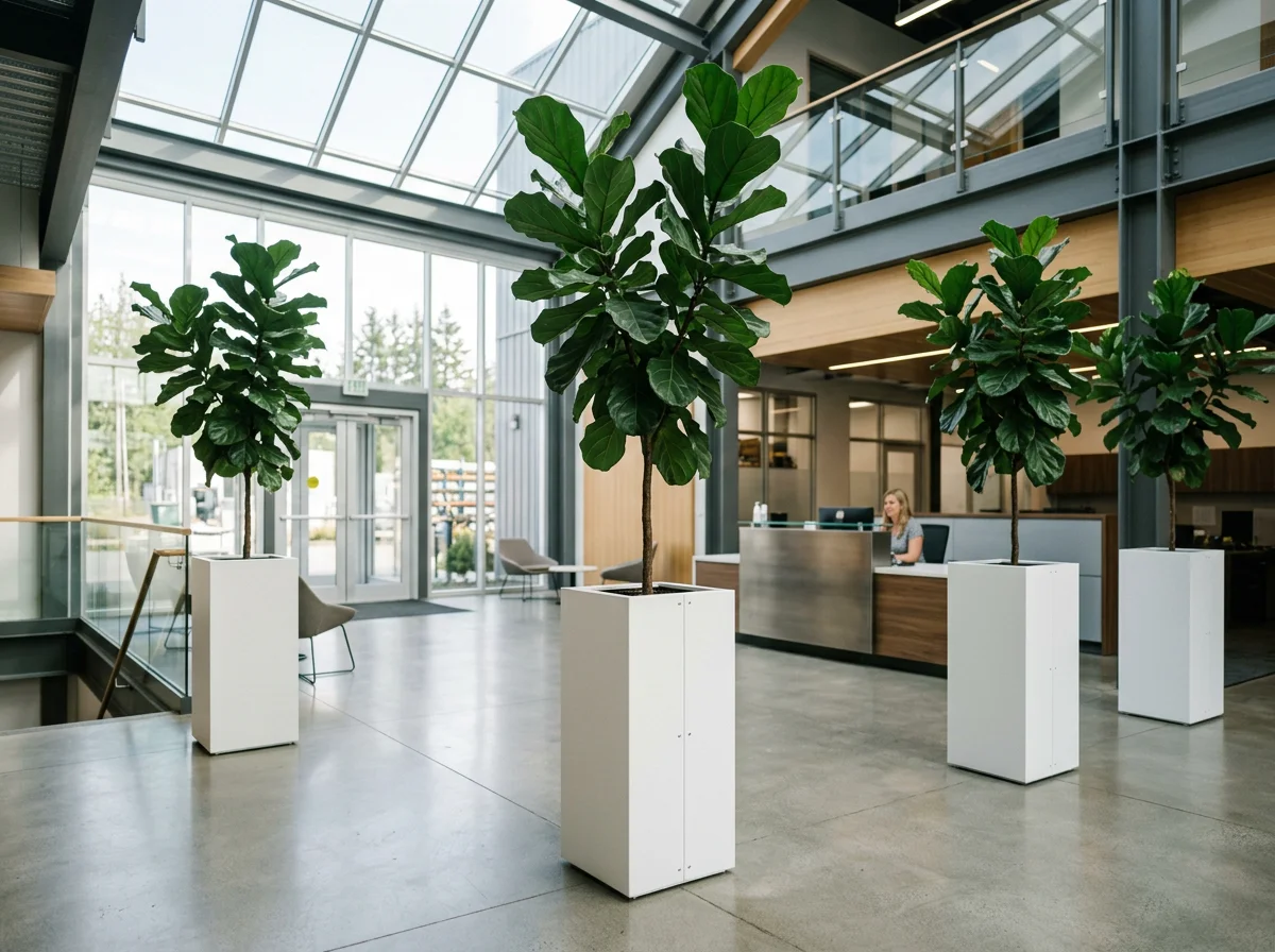 Aluminum planters in a commercial office atrium