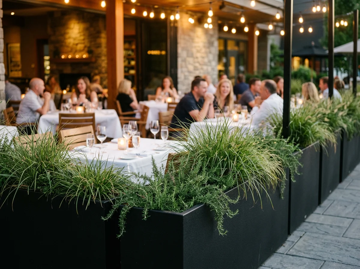 Aluminum planters on a restaurant patio