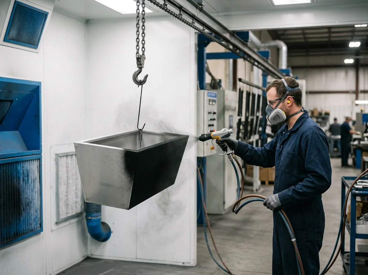 Powder coating booth for planter finishing